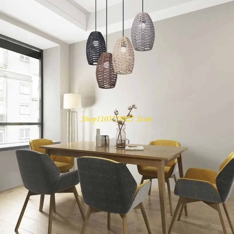 C4DF Hand Weaved Rope Chandelier Lampshade Hanging Light Shade Ceiling Pendant Lamp Shade Covers Imitation Rattan Lampshade