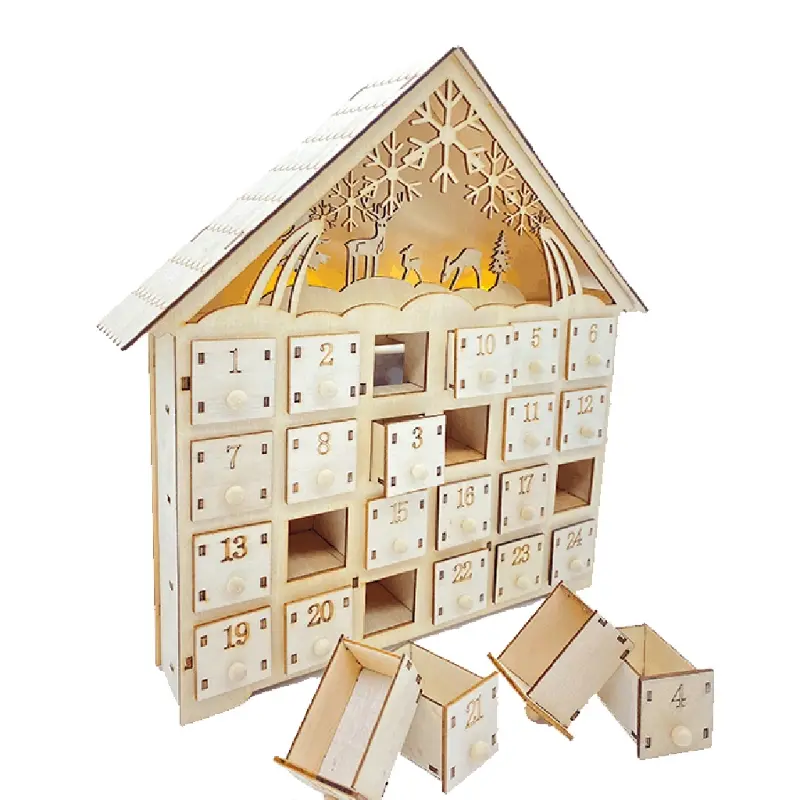Christmas Advent Calendar Xmas Advent Calendars Christmas Theme Decoration Calendar Plywood Material with Drawers Lights
