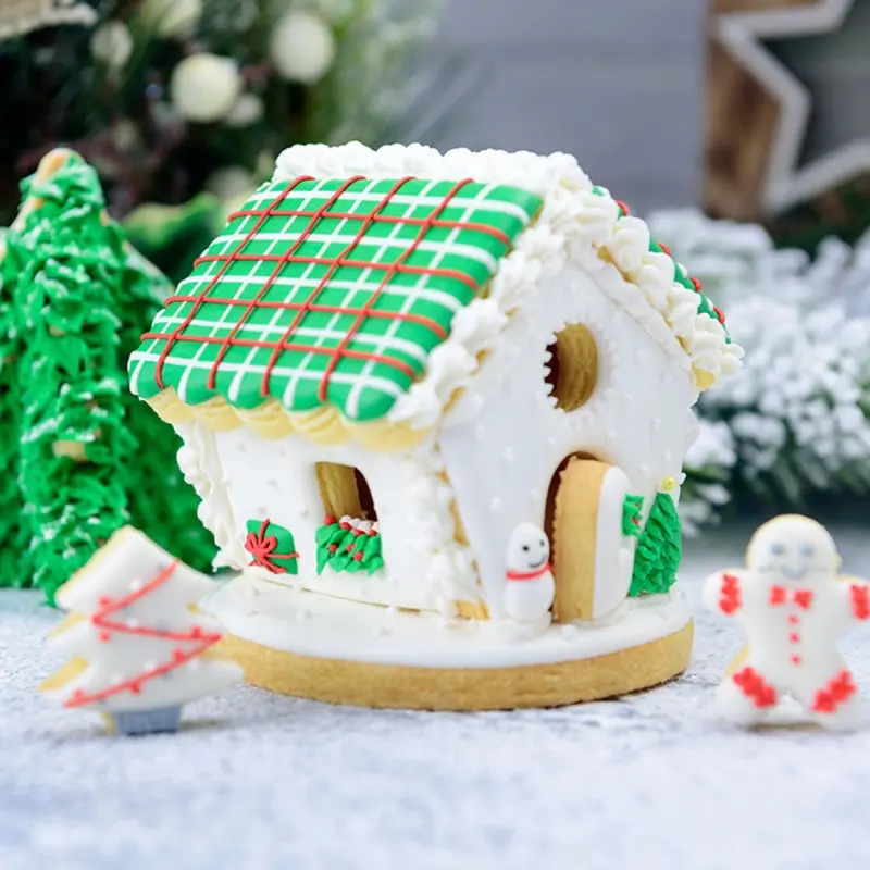 Y1UB Christmas Cookie Cutters Pastry Embossing Mold Stamper Gingerbread House Kitchen Baking Biscuit Fondant Decorating Tools