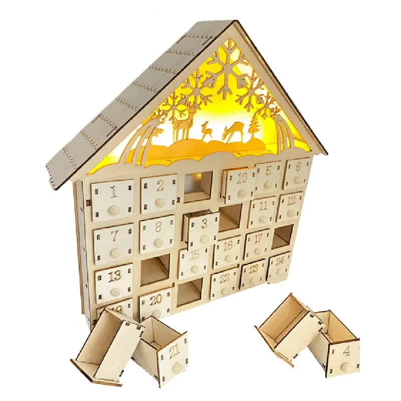 Christmas Advent Calendar Xmas Advent Calendars Christmas Theme Decoration Calendar Plywood Material with Drawers Lights