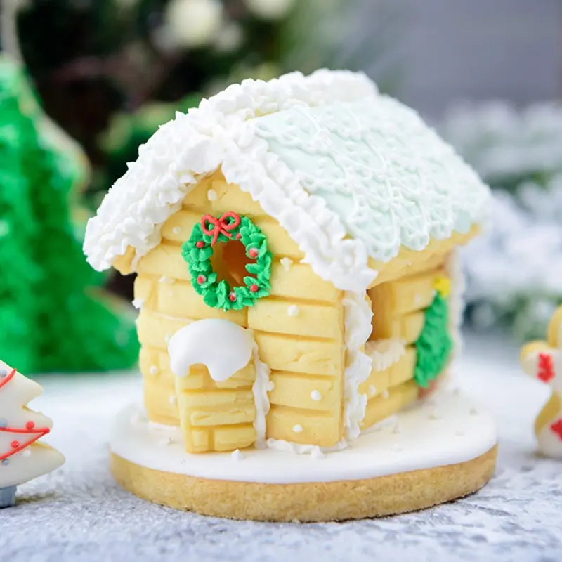 Y1UB Christmas Cookie Cutters Pastry Embossing Mold Stamper Gingerbread House Kitchen Baking Biscuit Fondant Decorating Tools