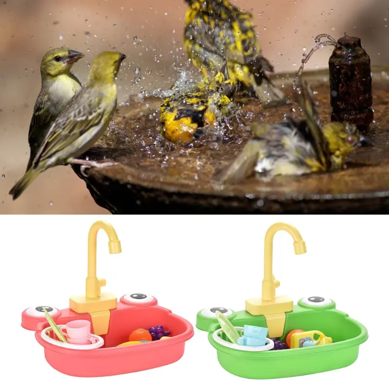 Y1UB Pet Parrot Bathtub Pretend Play Kitchen Sink Toy with Faucet Accessory Bird Bathing Box Bird Bathroom Toy