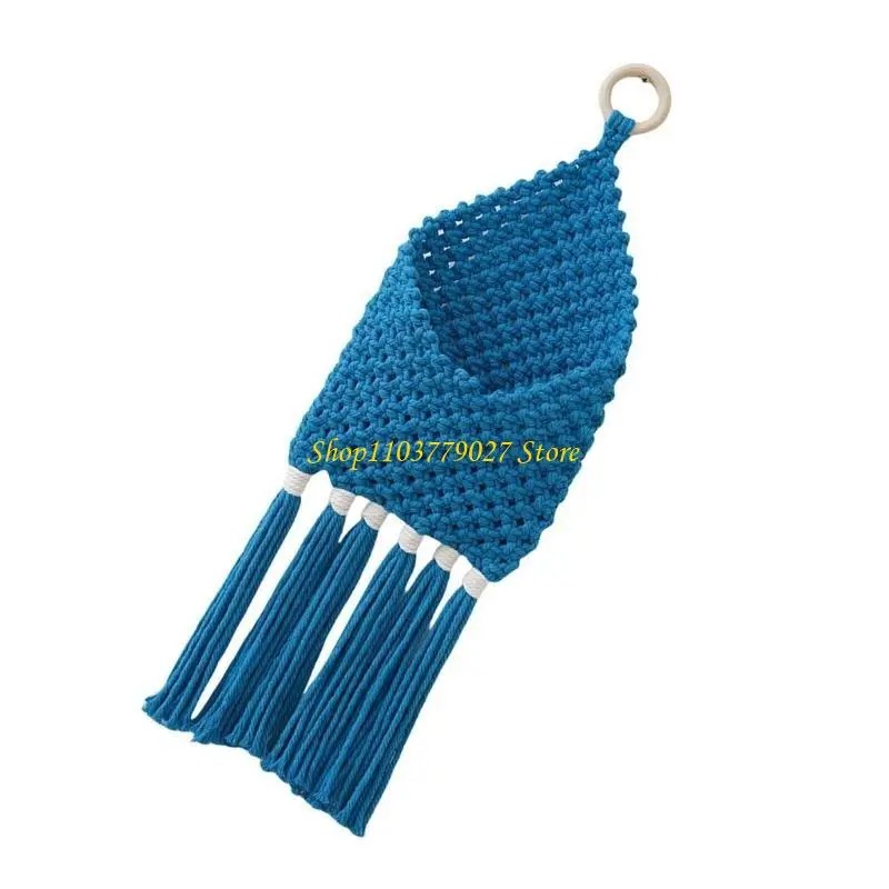 C4DF Artistic Handwoven Macrames Basket with Tassels Cotton Rope Hanging Organizers for Living Room Bedroom Wall Decoration