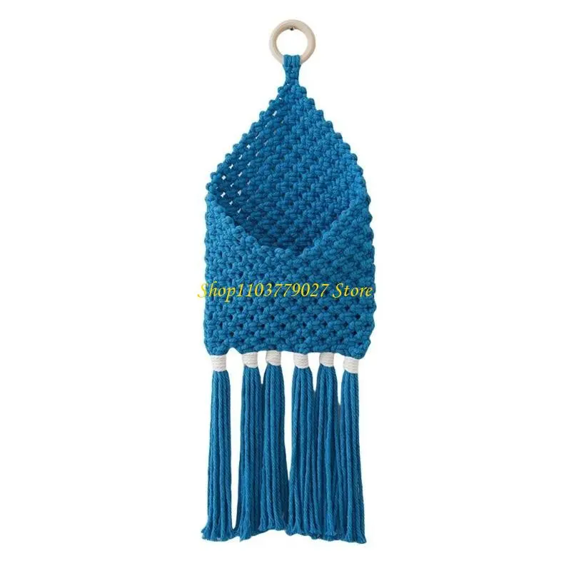 C4DF Artistic Handwoven Macrames Basket with Tassels Cotton Rope Hanging Organizers for Living Room Bedroom Wall Decoration