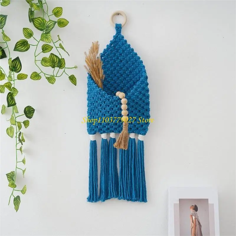 C4DF Artistic Handwoven Macrames Basket with Tassels Cotton Rope Hanging Organizers for Living Room Bedroom Wall Decoration