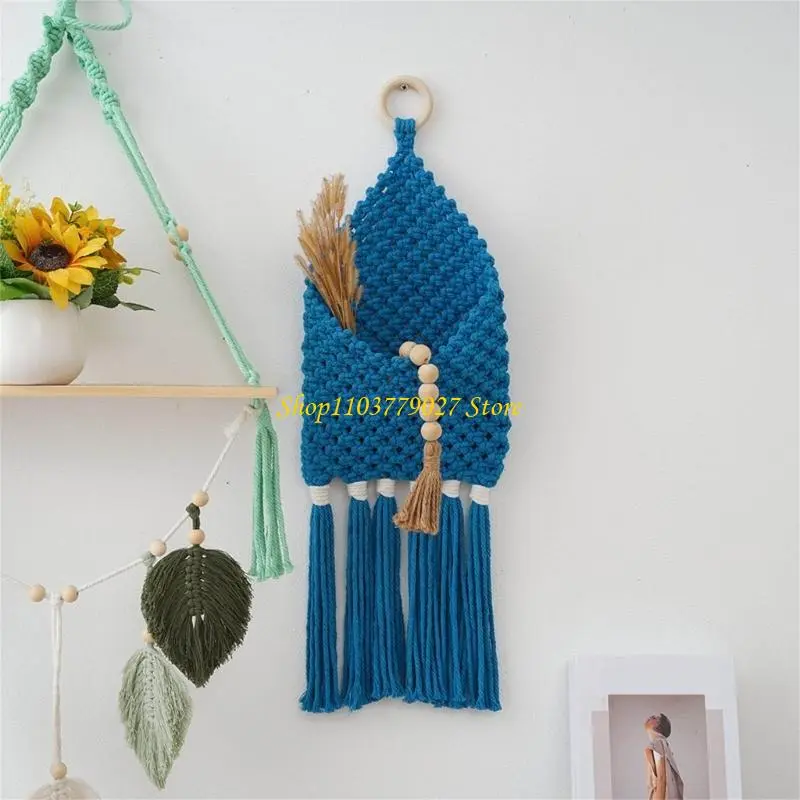 C4DF Artistic Handwoven Macrames Basket with Tassels Cotton Rope Hanging Organizers for Living Room Bedroom Wall Decoration