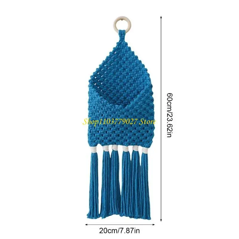 C4DF Artistic Handwoven Macrames Basket with Tassels Cotton Rope Hanging Organizers for Living Room Bedroom Wall Decoration