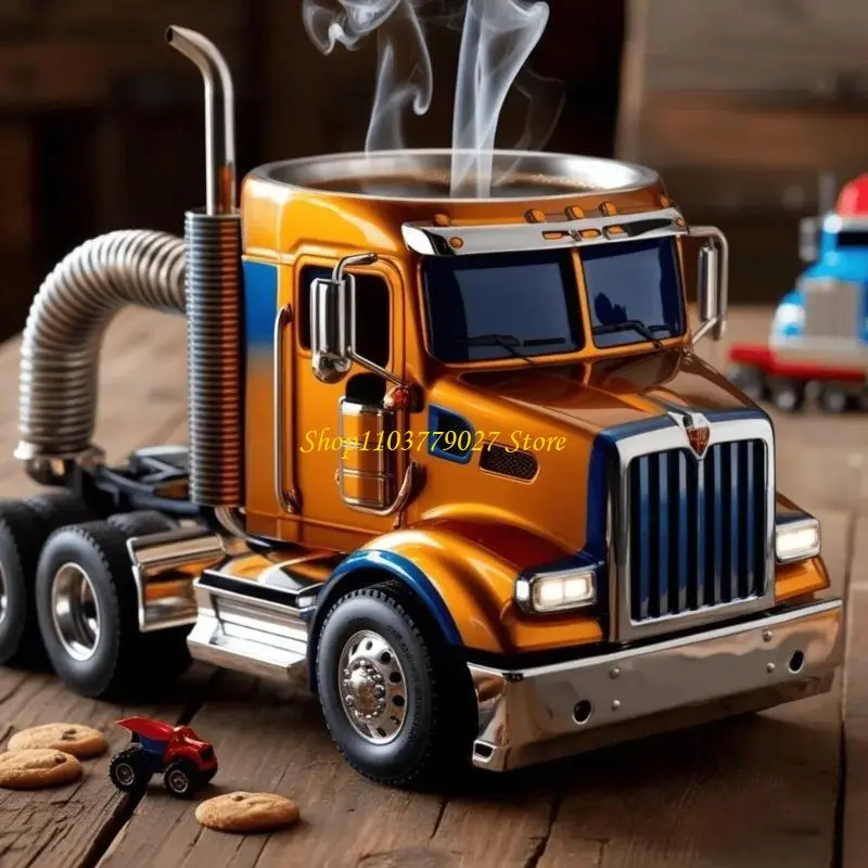 C4DF Semi Trailer Truck Resin Coffee Mug 12.34oz Decorative Cup for Kitchen and Office Use Desk Ornament