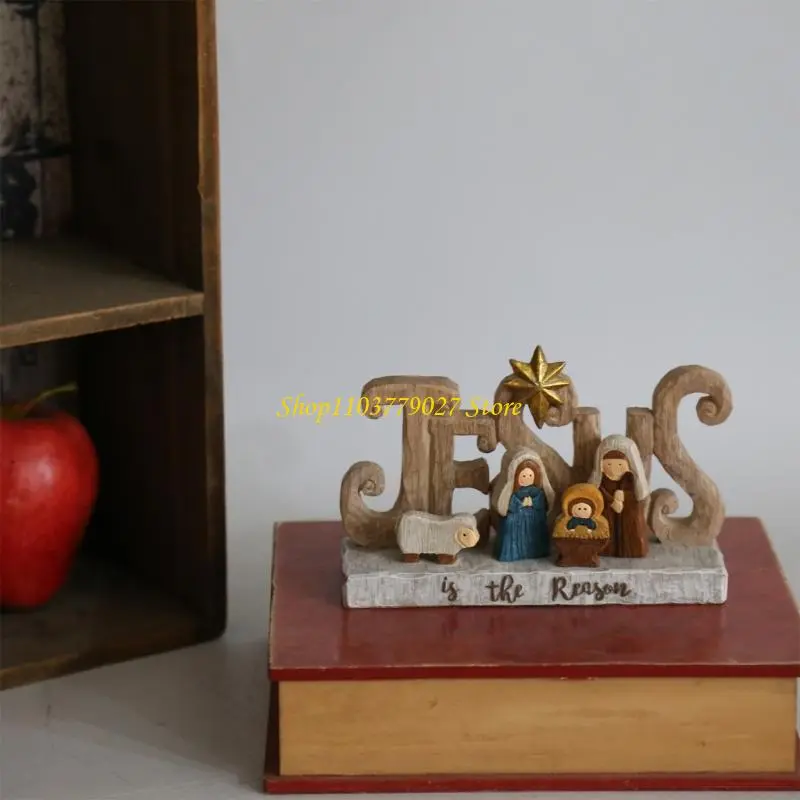 C4DF Detailed Religious Nativity Scene Statue Christmas Vintage Resins Figurine Gift