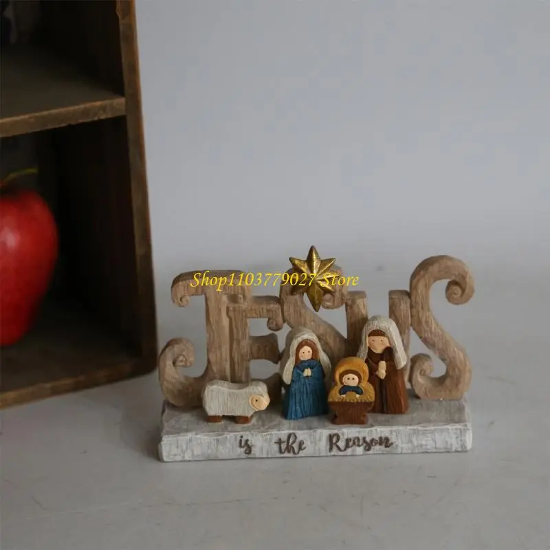 C4DF Detailed Religious Nativity Scene Statue Christmas Vintage Resins Figurine Gift