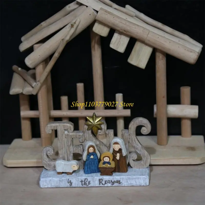 C4DF Detailed Religious Nativity Scene Statue Christmas Vintage Resins Figurine Gift
