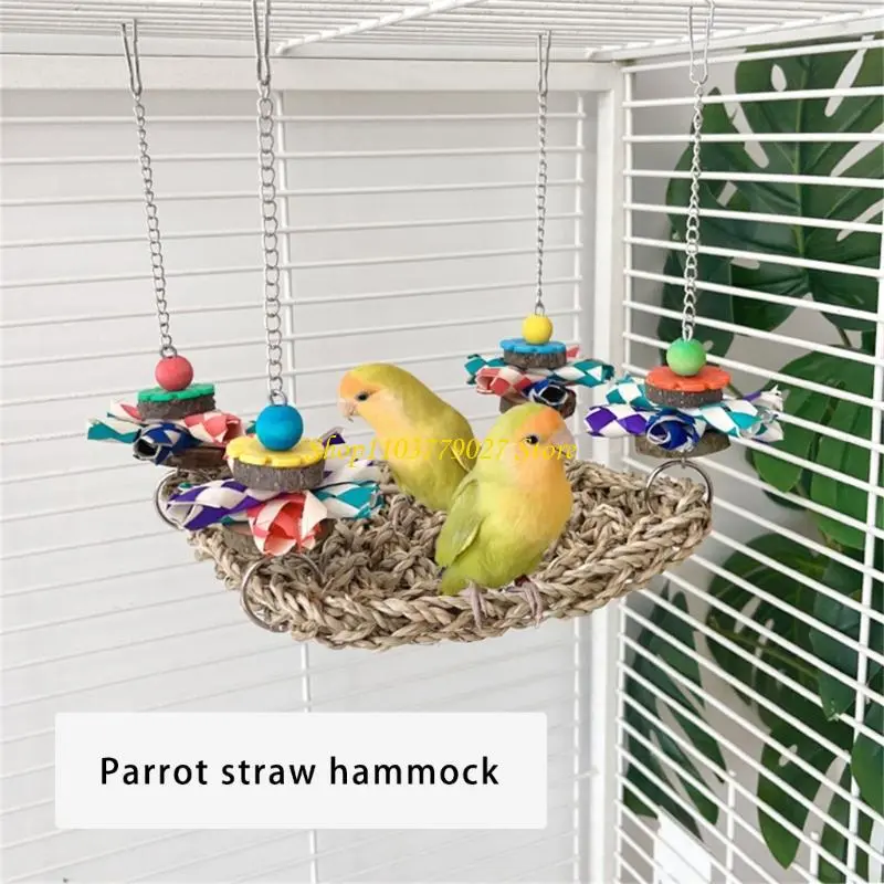 C4DF Bird Activity Hammock Perch Bed Chewing Toy Hanging Swing for Parrots Enrichment