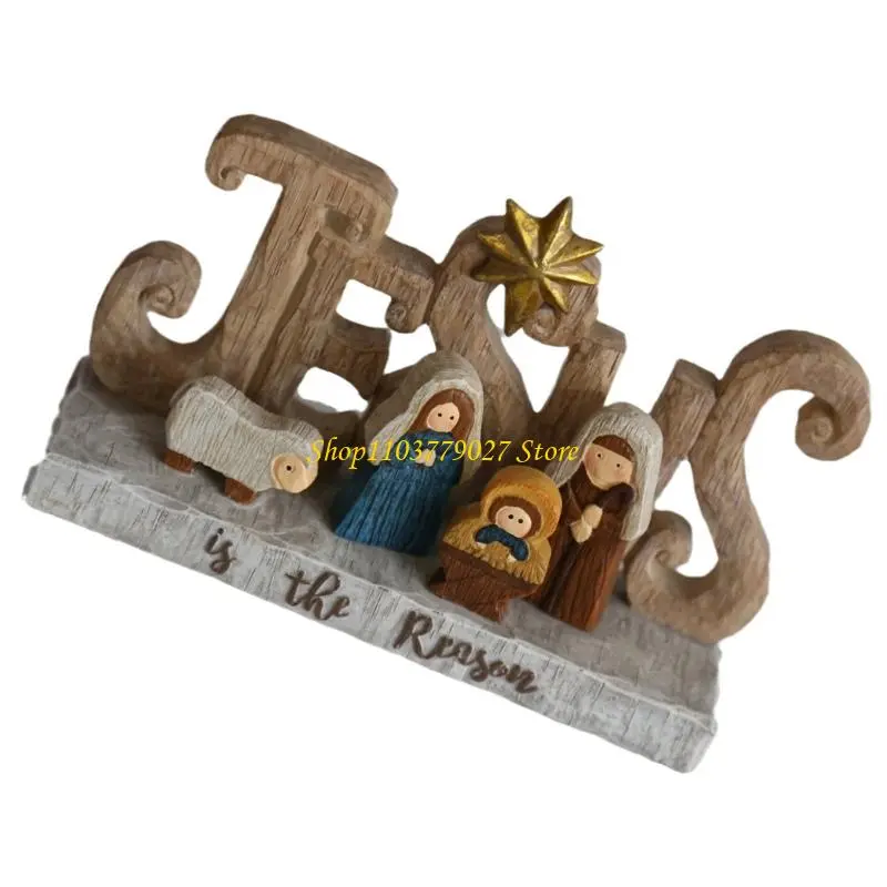 C4DF Detailed Religious Nativity Scene Statue Christmas Vintage Resins Figurine Gift
