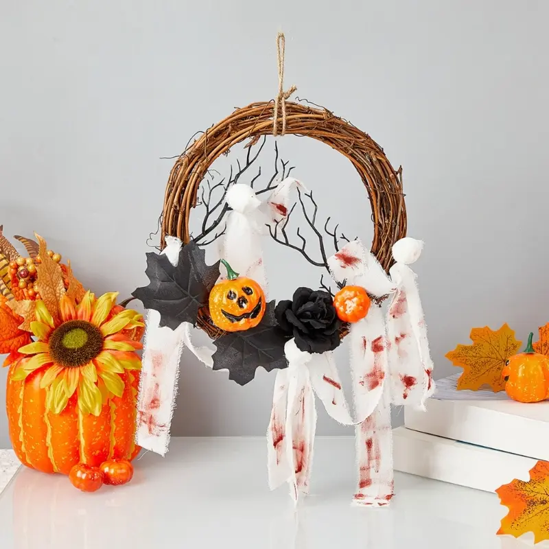 Y1UB Artificial Flower Wreath Halloween Pumpkin Wreath Hanging Decorations for Door
