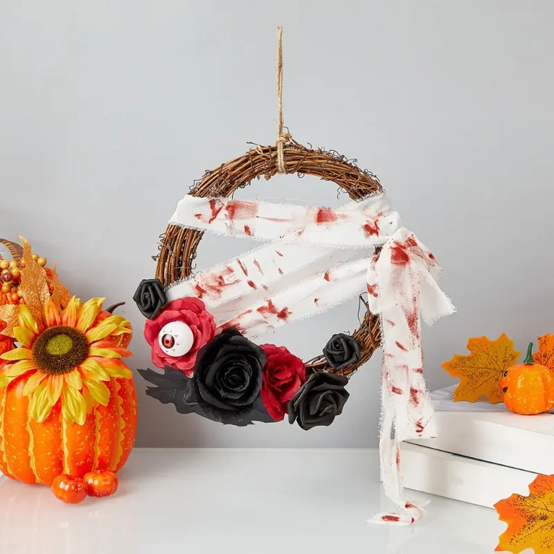 Y1UB Artificial Flower Wreath Halloween Pumpkin Wreath Hanging Decorations for Door