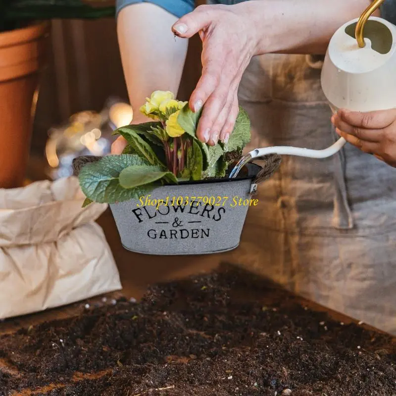C4DF 4 Pieces Oval Metal Plant Pots with Handle Drainage Hole Planter Decorative Flower Bucket for Weddings and Parties