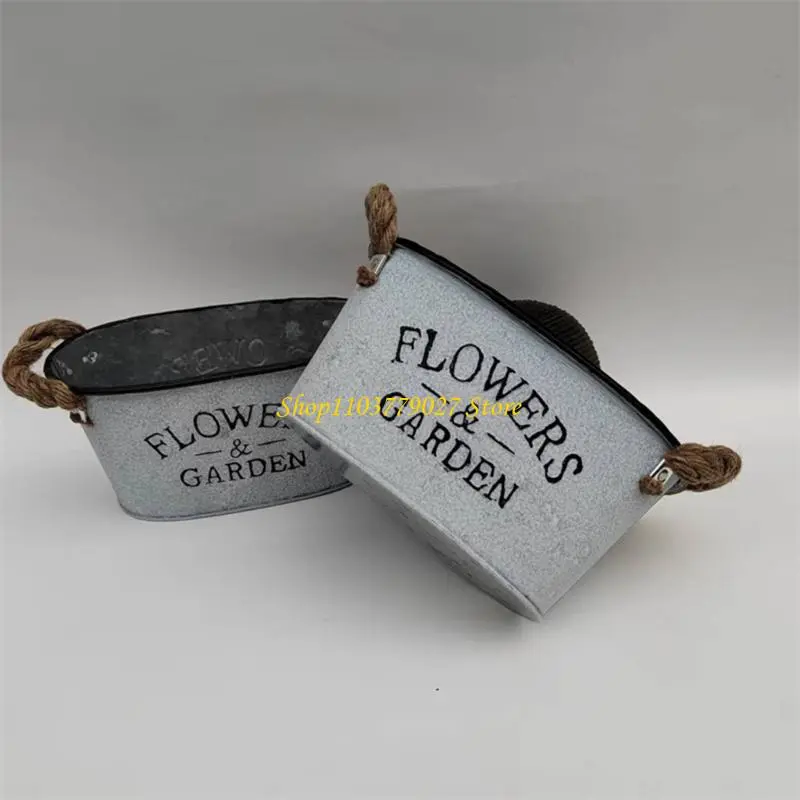 C4DF 4 Pieces Oval Metal Plant Pots with Handle Drainage Hole Planter Decorative Flower Bucket for Weddings and Parties