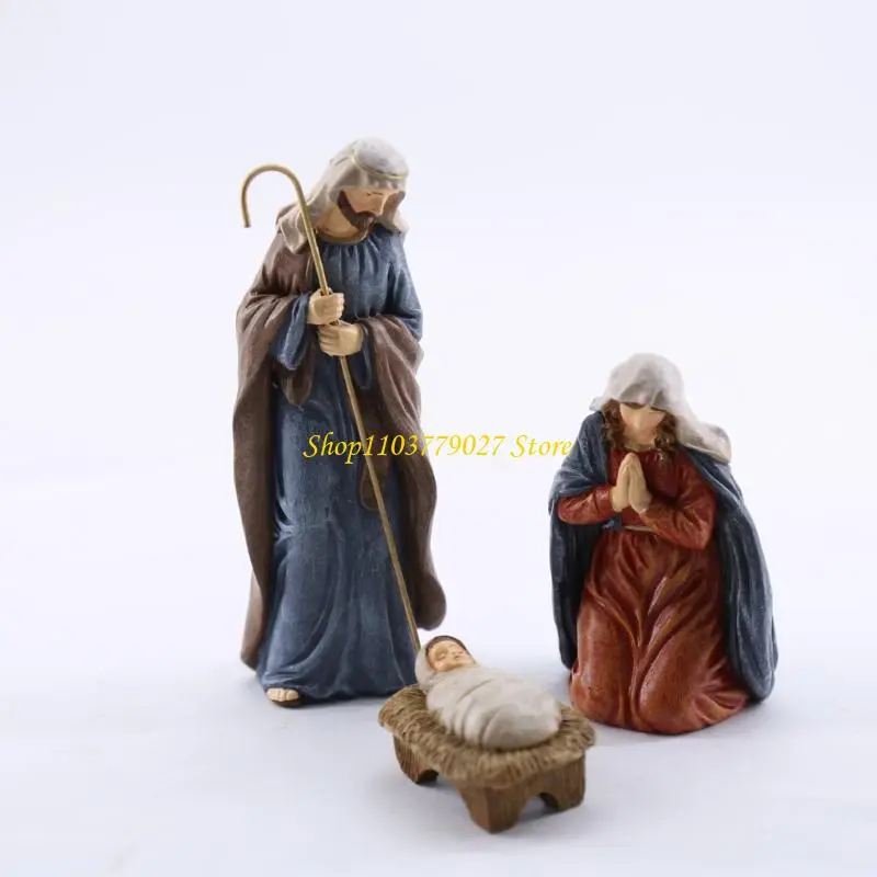 C4DF Classical Nativity Scene Figurine Set Resins Holy Father Mother and Baby Sculptures Ornaments Holiday Tabletop Display
