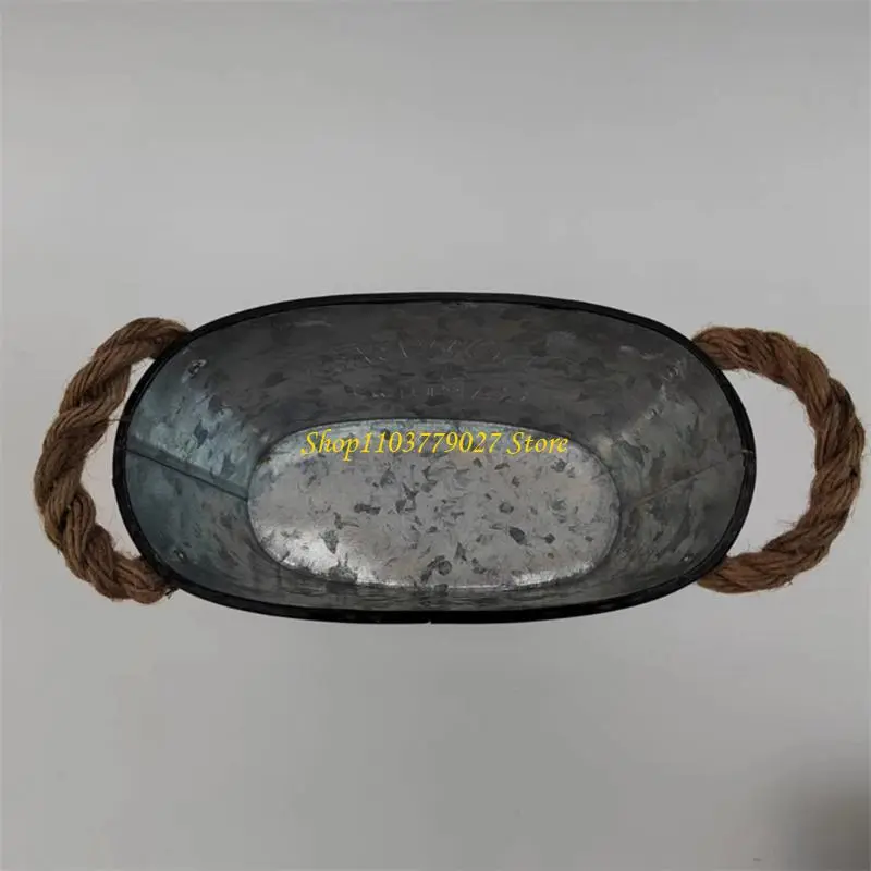 C4DF 4 Pieces Oval Metal Plant Pots with Handle Drainage Hole Planter Decorative Flower Bucket for Weddings and Parties