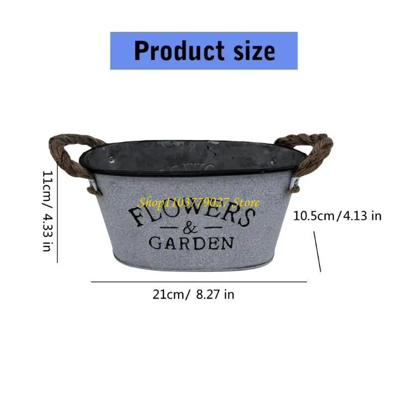 C4DF 4 Pieces Oval Metal Plant Pots with Handle Drainage Hole Planter Decorative Flower Bucket for Weddings and Parties