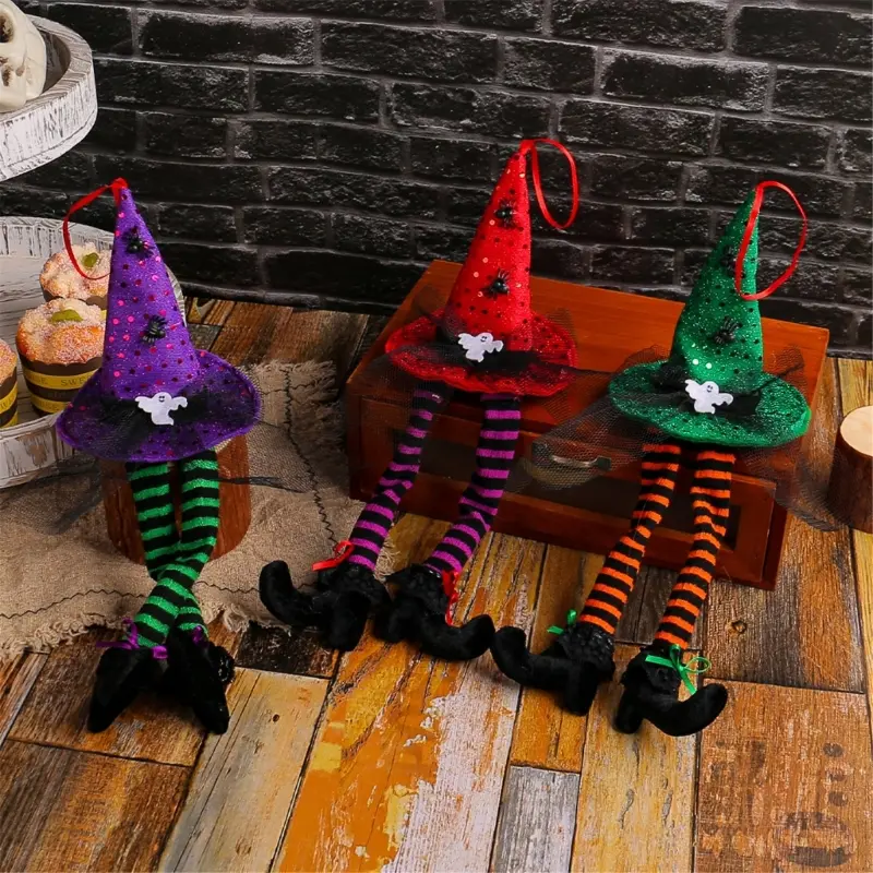 Y1UB 5Pcs Colorful Witch Hat Window Adornment Hauntingly Halloween Display Hangings