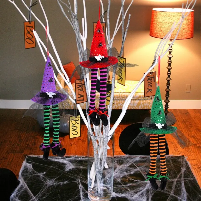 Y1UB 5Pcs Colorful Witch Hat Window Adornment Hauntingly Halloween Display Hangings