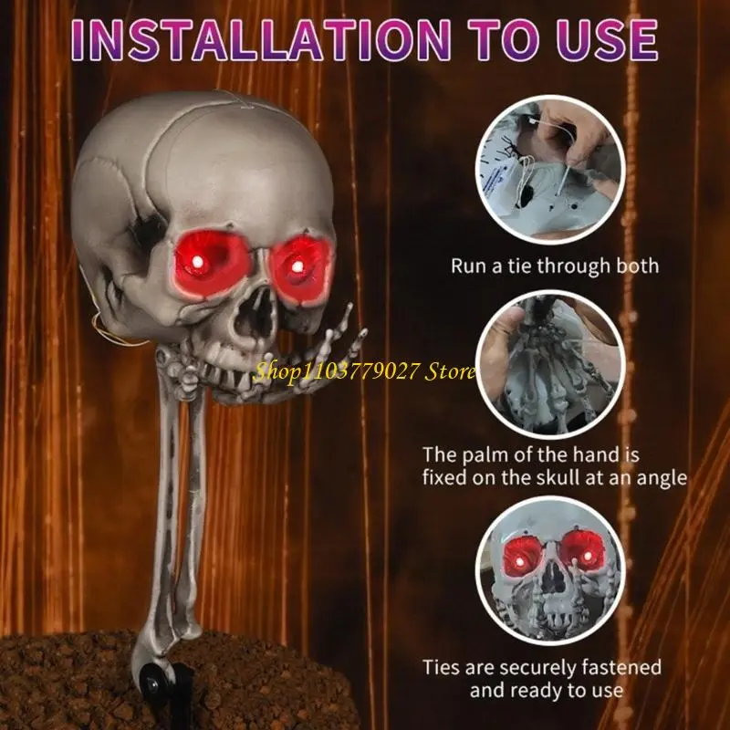 C4DF Halloween Realistic Skull Head Stake with Lighted Eyes Skeleton Party Decoration