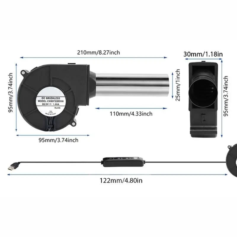 C4DF 9733 USB Powered 5V Blower Fan With Three Speed Settings For Outdoor Camping BBQ