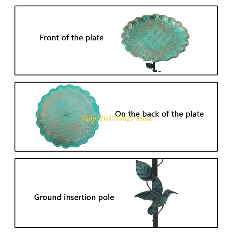 C4DF Outdoor Bird Bath Bowl with Bird Ornaments for Garden Decors Durable Metal Construction Stable Prongs Base