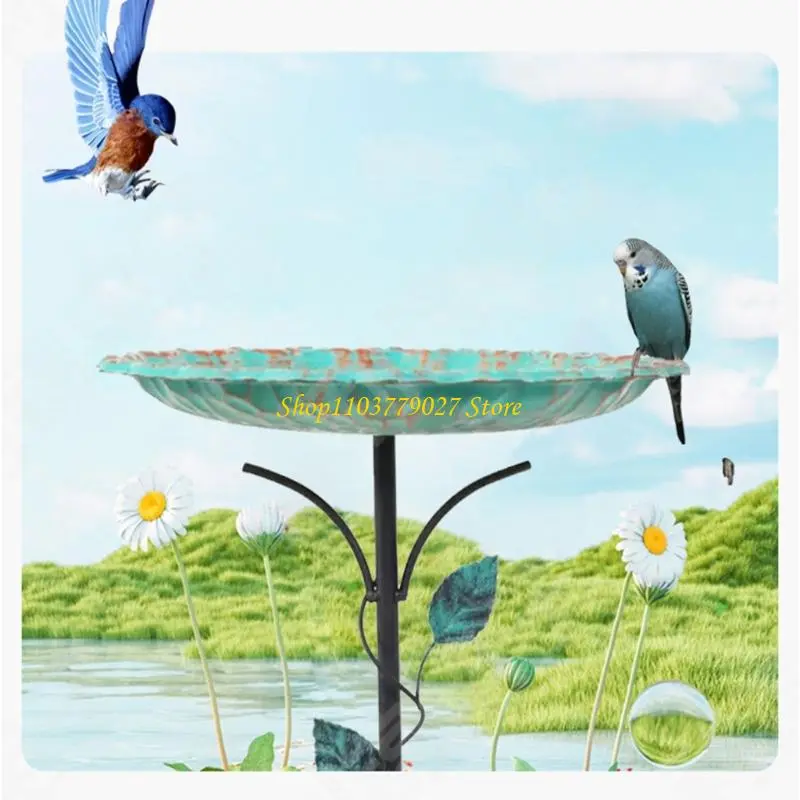 C4DF Outdoor Bird Bath Bowl with Bird Ornaments for Garden Decors Durable Metal Construction Stable Prongs Base