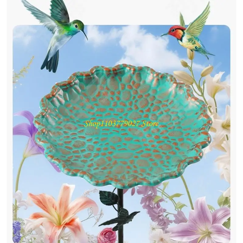 C4DF Outdoor Bird Bath Bowl with Bird Ornaments for Garden Decors Durable Metal Construction Stable Prongs Base