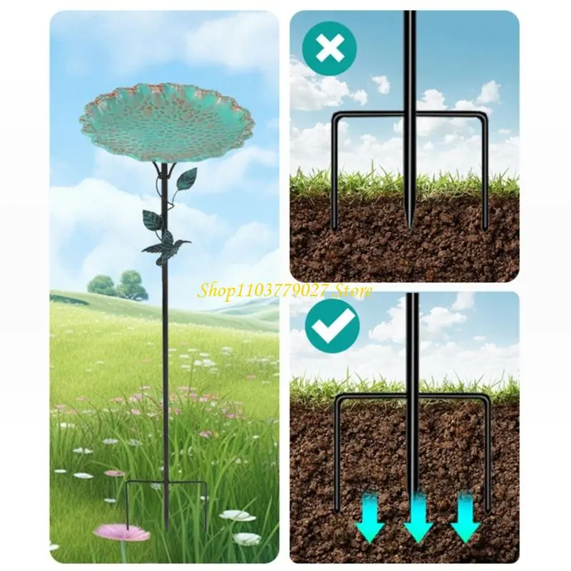 C4DF Outdoor Bird Bath Bowl with Bird Ornaments for Garden Decors Durable Metal Construction Stable Prongs Base