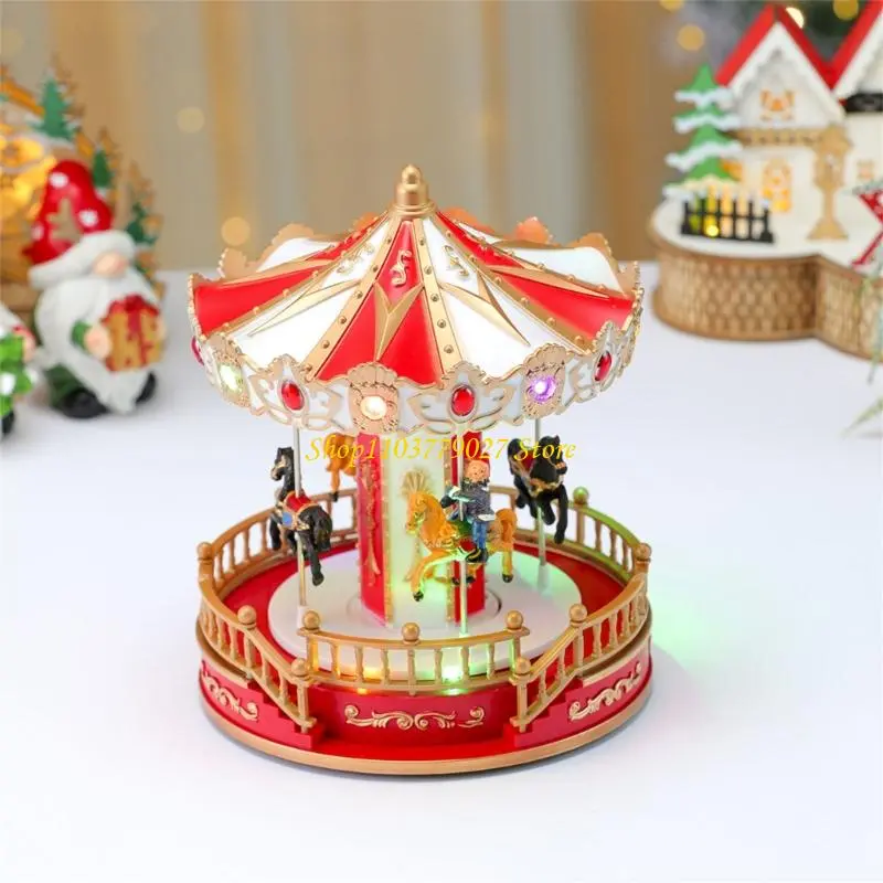 C4DF LED Illuminating Rotating Music Box Christmas Carousels Decoration Ornament with Melodies for Family Gatherings Gift
