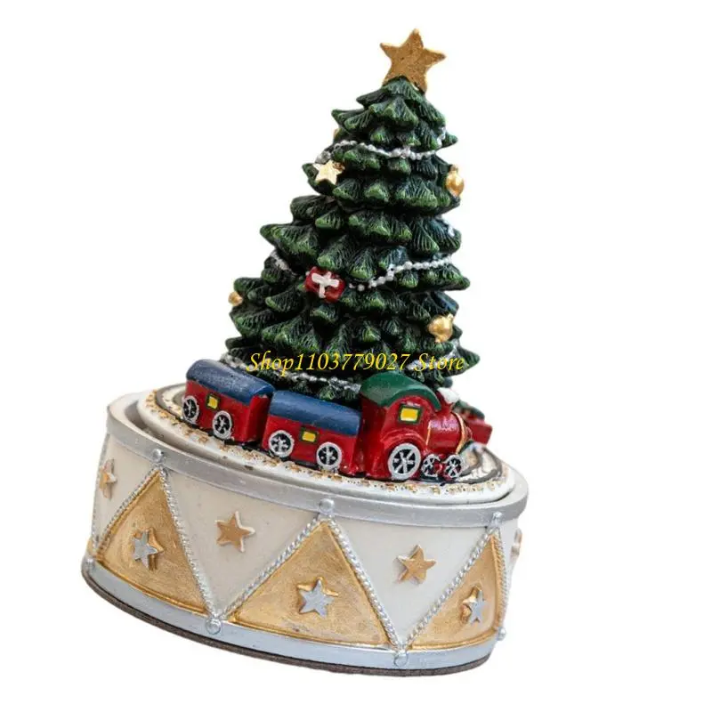 C4DF Christmas Resins Carousels Rotating Christmas Tree Musical Box for Home Decoration