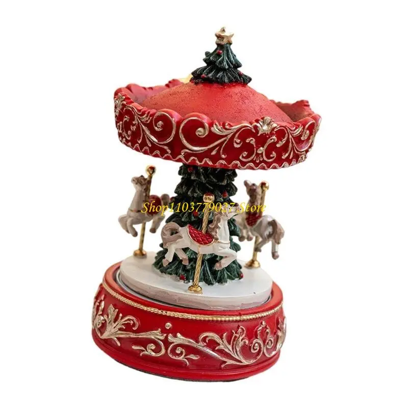 C4DF Christmas Resins Carousels Rotating Christmas Tree Musical Box for Home Decoration