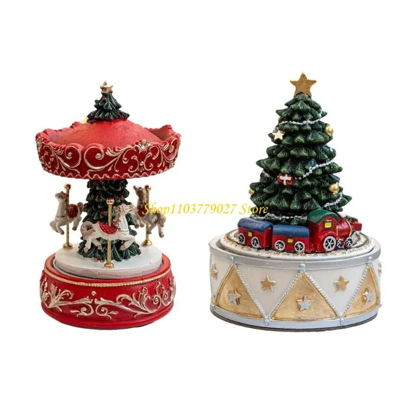 C4DF Christmas Resins Carousels Rotating Christmas Tree Musical Box for Home Decoration