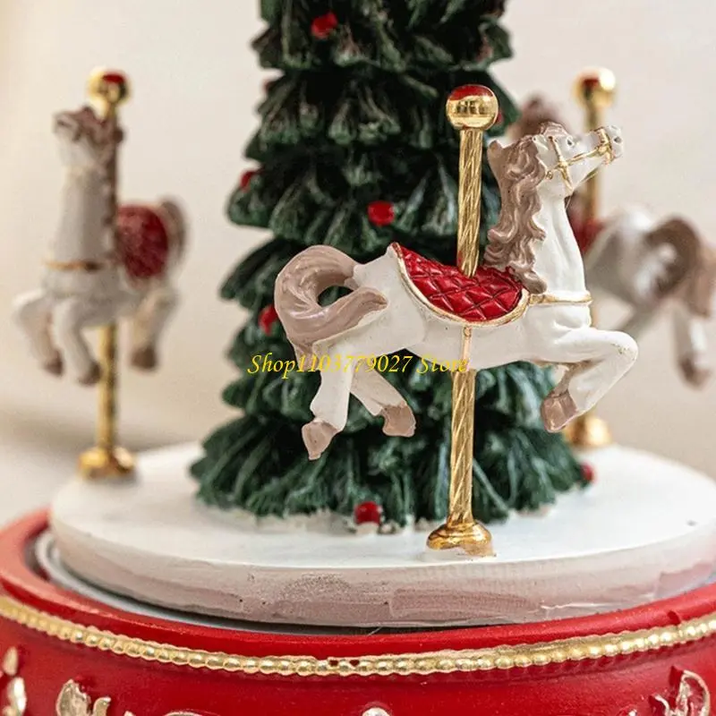 C4DF Christmas Resins Carousels Rotating Christmas Tree Musical Box for Home Decoration