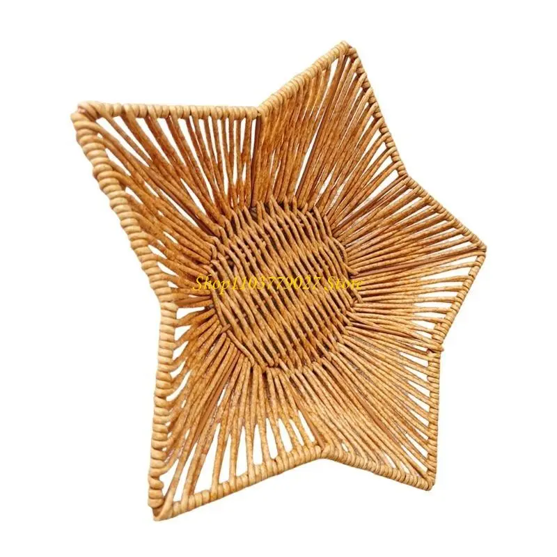C4DF Large Capacity Imitation Rattan Storage Basket Multipurpose Star Shaped Bread Serving Tray Desktop Snacks Organiser