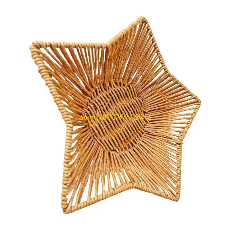 C4DF Large Capacity Imitation Rattan Storage Basket Multipurpose Star Shaped Bread Serving Tray Desktop Snacks Organiser