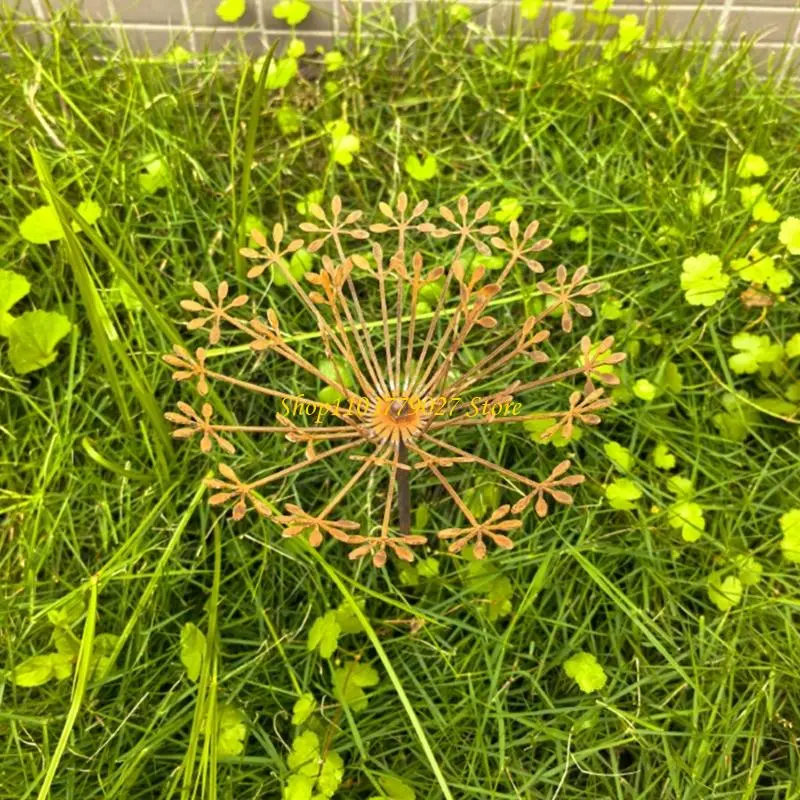 C4DF Rusty Dandelions Sculpture Garden Stake Weather Resistant Landscape Art Decors