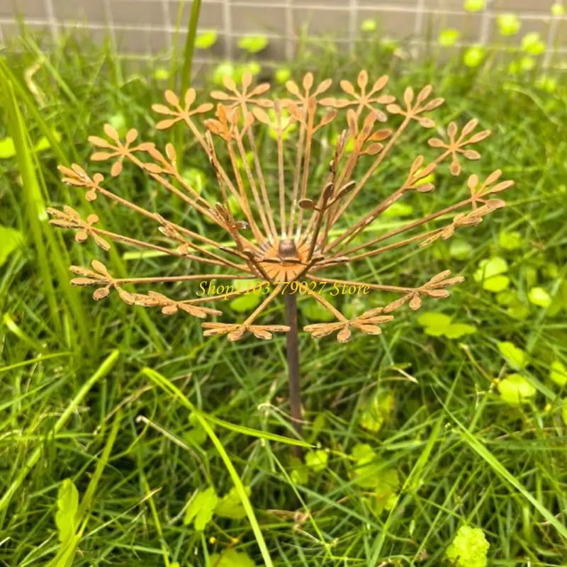 C4DF Rusty Dandelions Sculpture Garden Stake Weather Resistant Landscape Art Decors