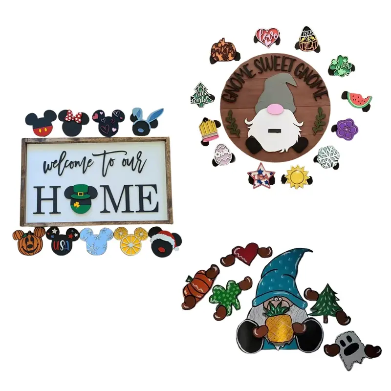 Y1UB Wooden Gnome Home Sign Wall Decor with Interchangeable Magnets Pieces Ornament