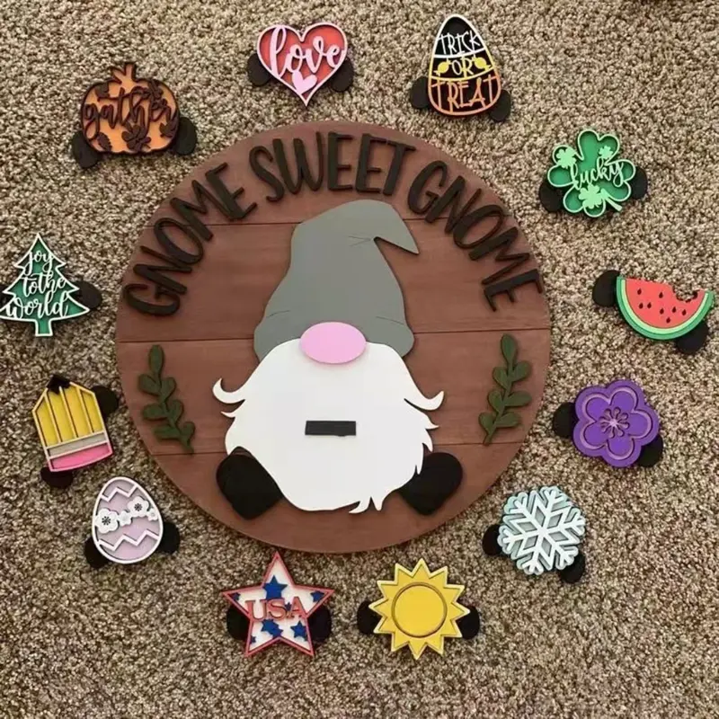 Y1UB Wooden Gnome Home Sign Wall Decor with Interchangeable Magnets Pieces Ornament