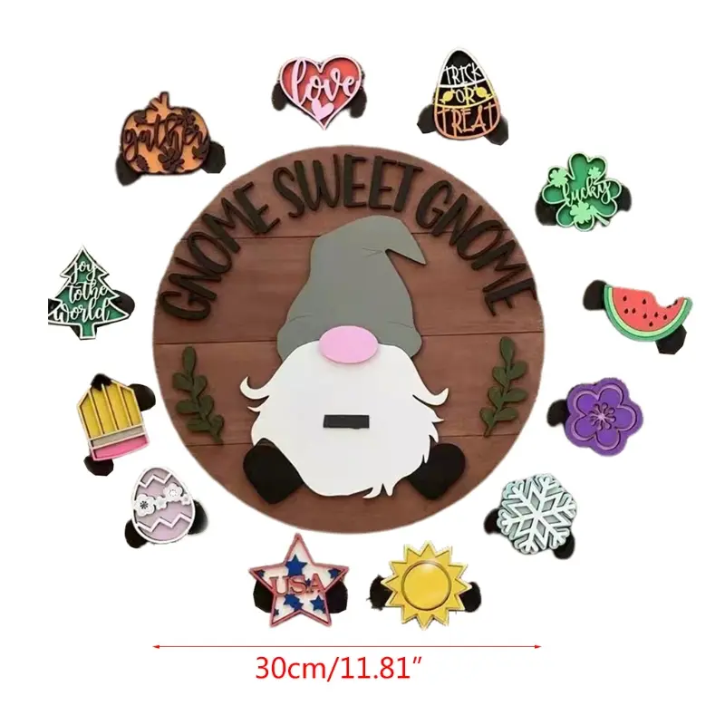Y1UB Wooden Gnome Home Sign Wall Decor with Interchangeable Magnets Pieces Ornament
