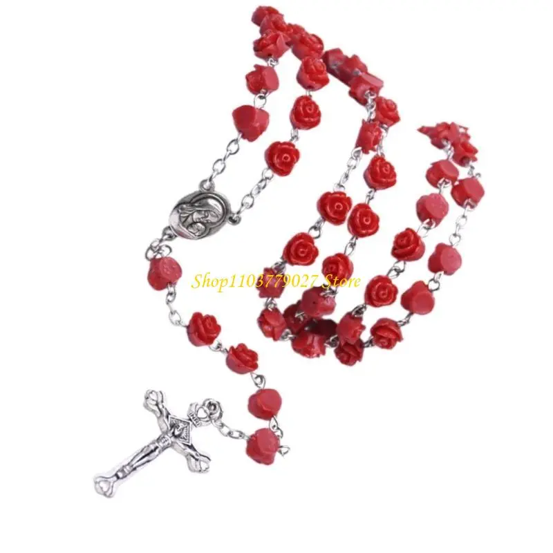 C4DF Rose Flower Beads Rosary Necklace with Crucifix Charm for Prayer Devotional Gift