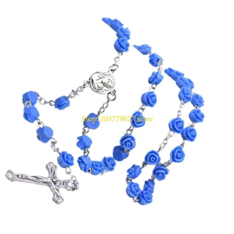 C4DF Rose Flower Beads Rosary Necklace with Crucifix Charm for Prayer Devotional Gift