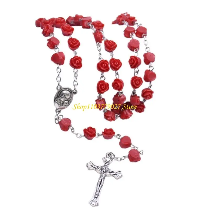 C4DF Rose Flower Beads Rosary Necklace with Crucifix Charm for Prayer Devotional Gift