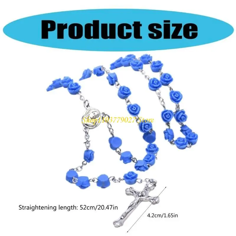 C4DF Rose Flower Beads Rosary Necklace with Crucifix Charm for Prayer Devotional Gift