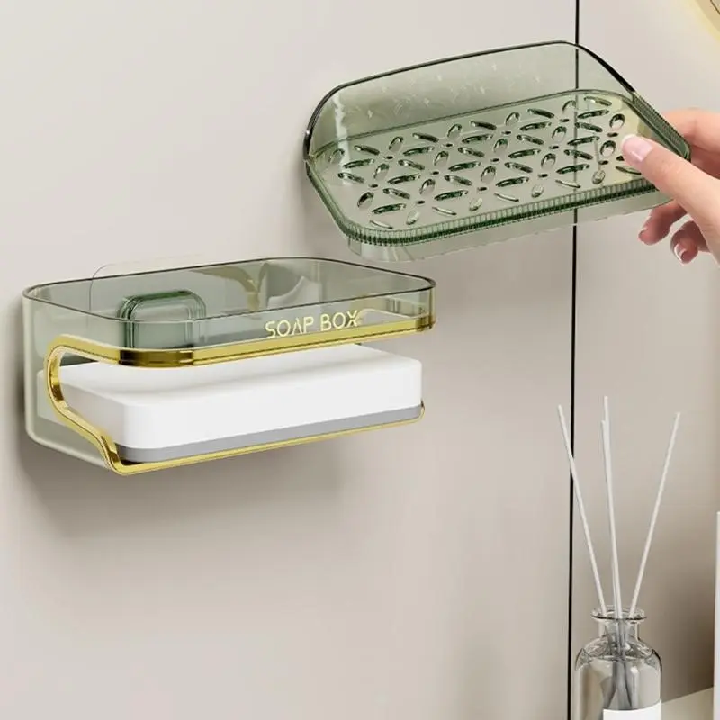 C4DF Soap Rack No Drilling Wall Mounted Double Layer Soap Holder Soap Sponge Dish Bathroom Accessories Selfs Adhesive