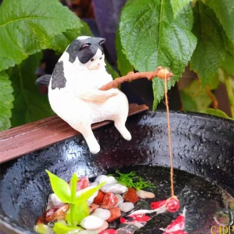 Fishing Cat Ornaments Fish Tank Landscaping Aquarium Decoration Mini Cat Statue Fish Tank Accessories Household Supplies
